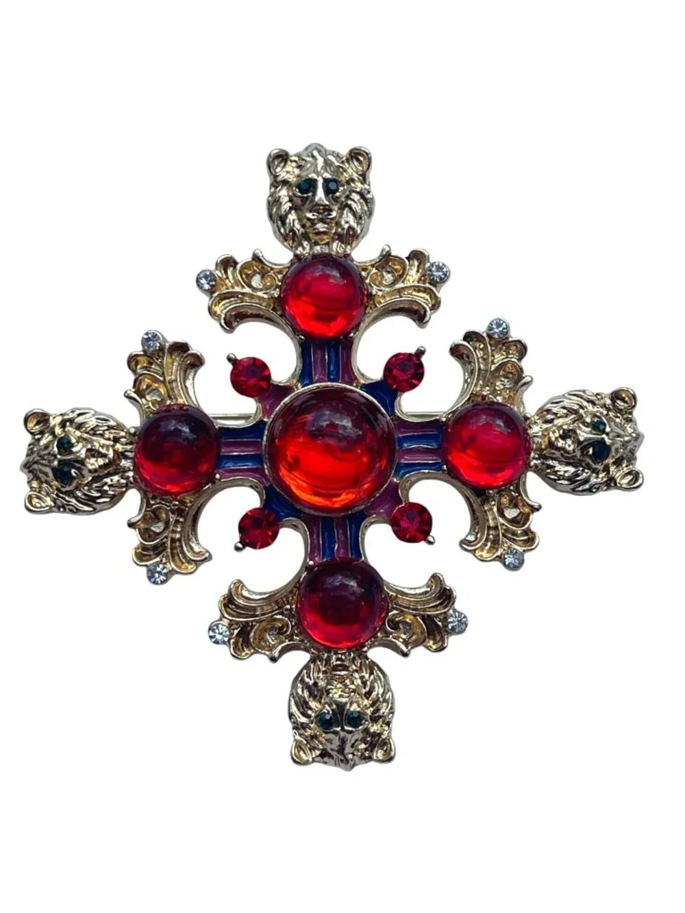 Heraldic Medieval Maltese Cross Pin Brooch Red Blue Gold Lion Accents Vintage St